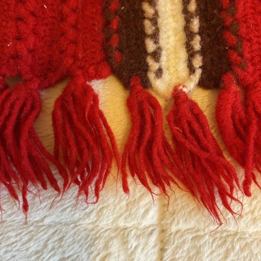Vintage Felted Wool Afghan Throw Thick Heavy Red Brown White Fringe 47x26
